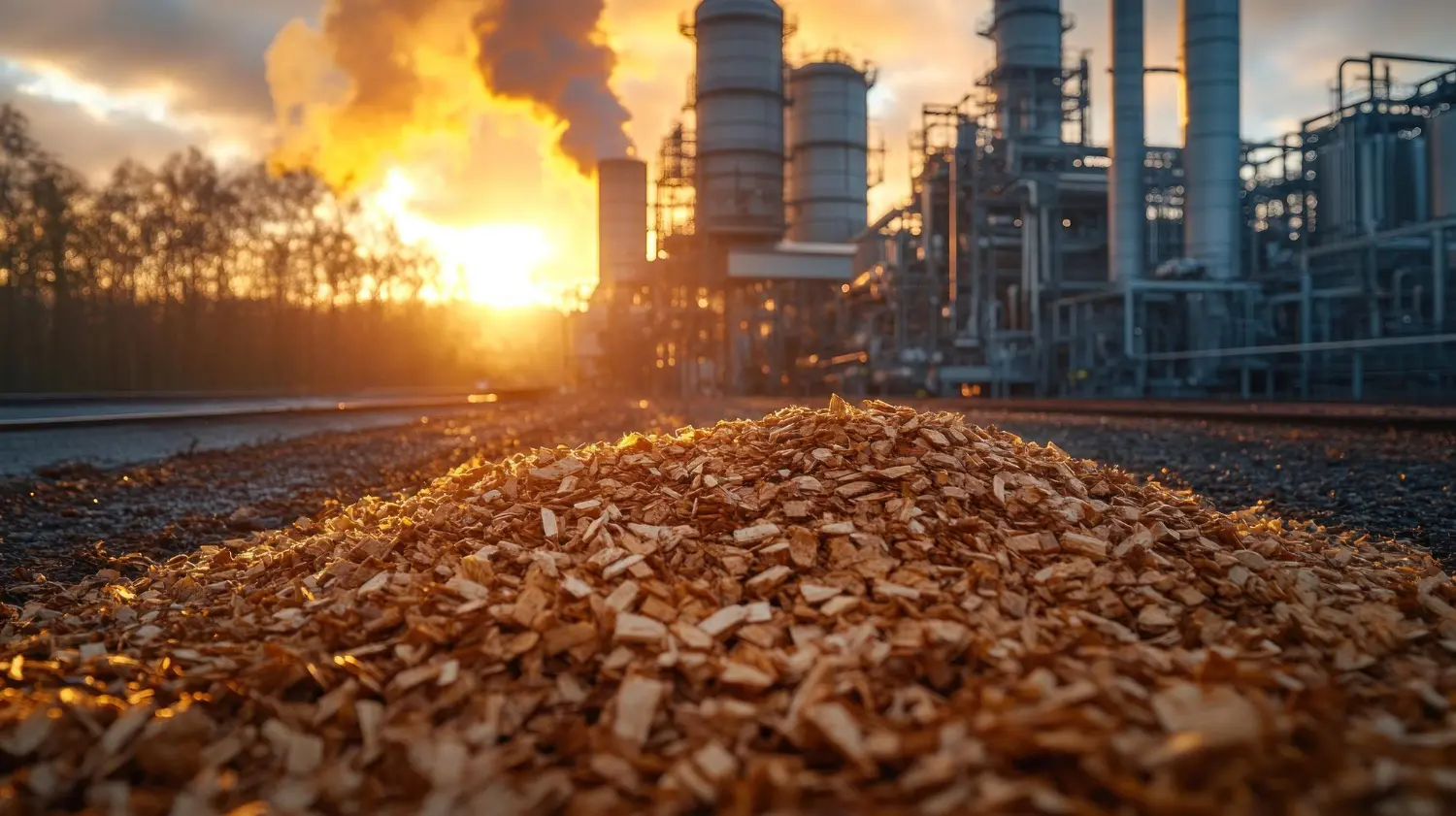Biomassa para Energia Industrial Pilha de cavaco de madeira em frente a uma unidade industrial, representando o uso de biomassa na geração de calor, vapor e energia.
