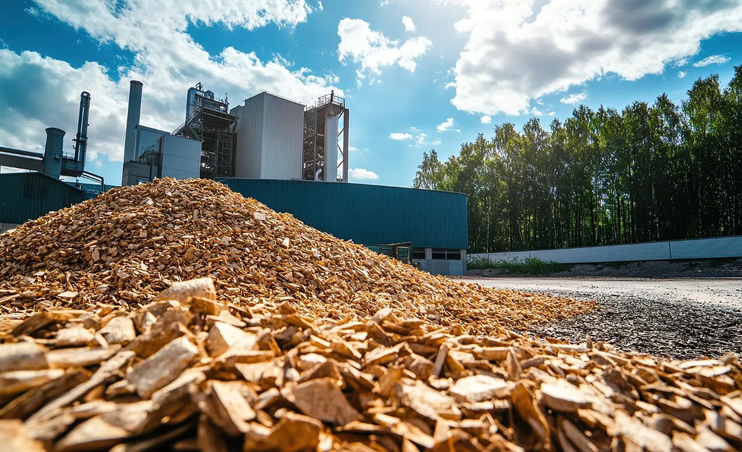 Cavaco de Madeira para Abastecimento Industrial Pilha de cavaco de madeira armazenada em pátio de unidade industrial para uso como biomassa na geração de calor, vapor e energia.