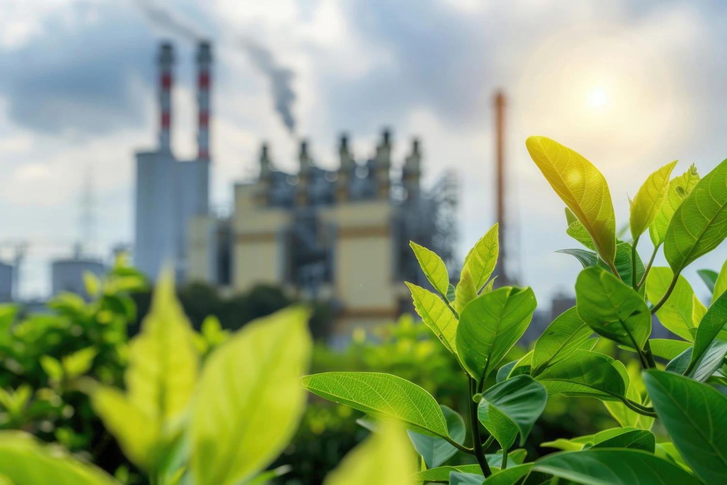 Biomassa e Sustentabilidade na Indústria Plantas verdes em primeiro plano com indústria ao fundo, representando sustentabilidade industrial, uso de biomassa e geração de energia renovável.