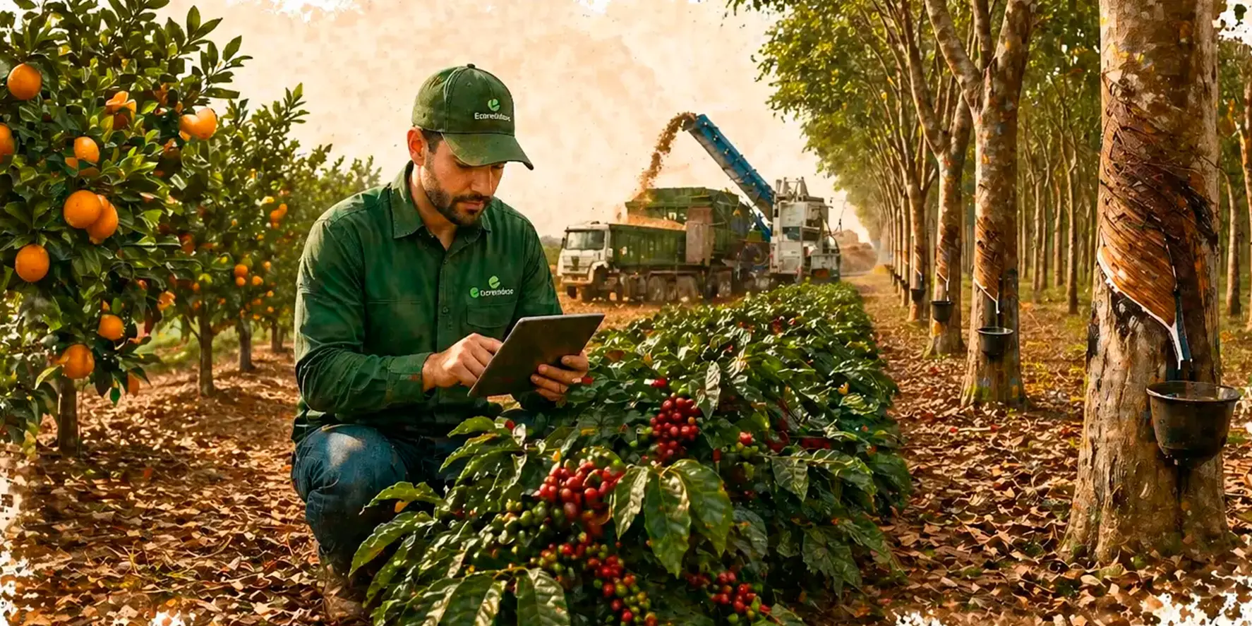 Profissional da EcoResíduos acompanhando operação mecanizada em área com cafezal, seringueiras e pomar de laranja, com processamento de madeira para biomassa.