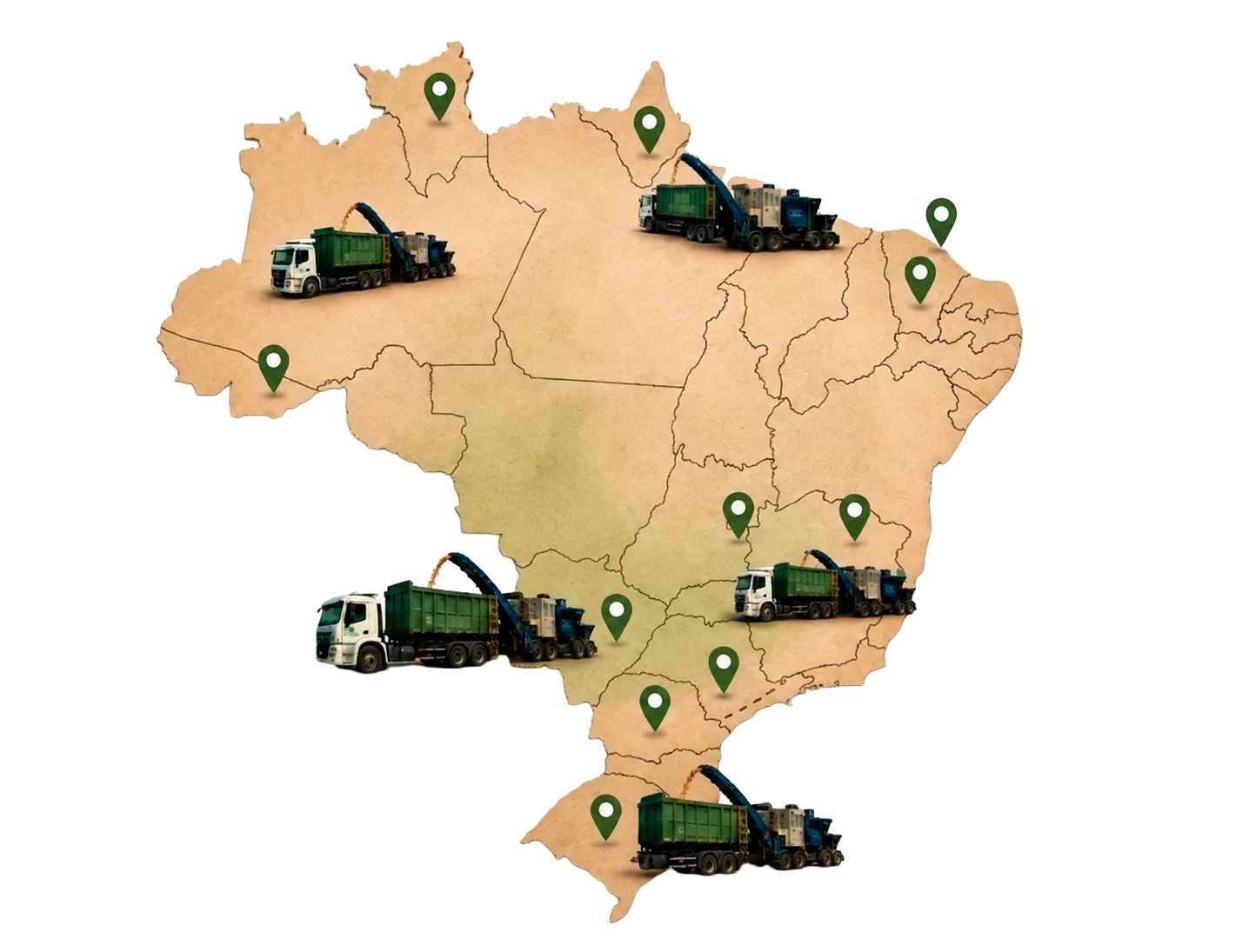 todo território nacional eco resíduos Mapa do Brasil com marcadores de localização, caminhões e trituradores florestais da EcoResíduos, representando operações de biomassa e processamento de madeira em diferentes regiões do país.