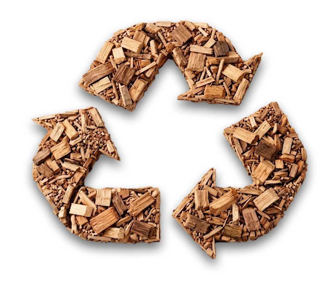 reciclagem biomassa eco residuos (2) Símbolo da reciclagem formado por cavacos de madeira e biomassa, representando o reaproveitamento de resíduos para geração de energia renovável.