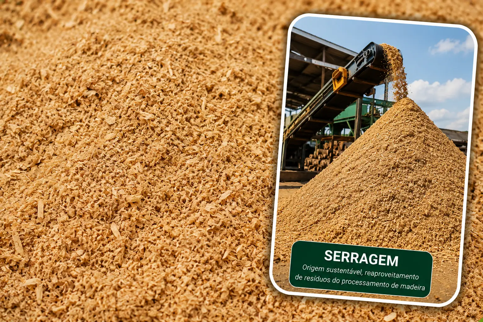 serragem Serragem de madeira proveniente do processamento industrial, destinada ao reaproveitamento como biomassa e fonte de energia renovável.