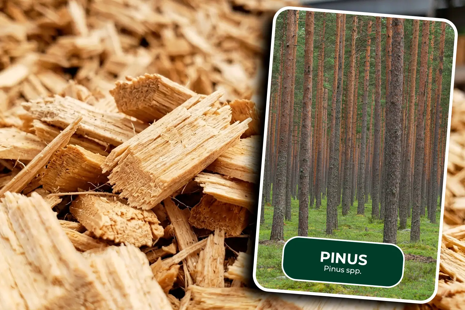 cavado de pinus card Cavaco de madeira de pinus proveniente do processamento de árvores e resíduos florestais, destinado à produção de biomassa e geração de energia renovável.