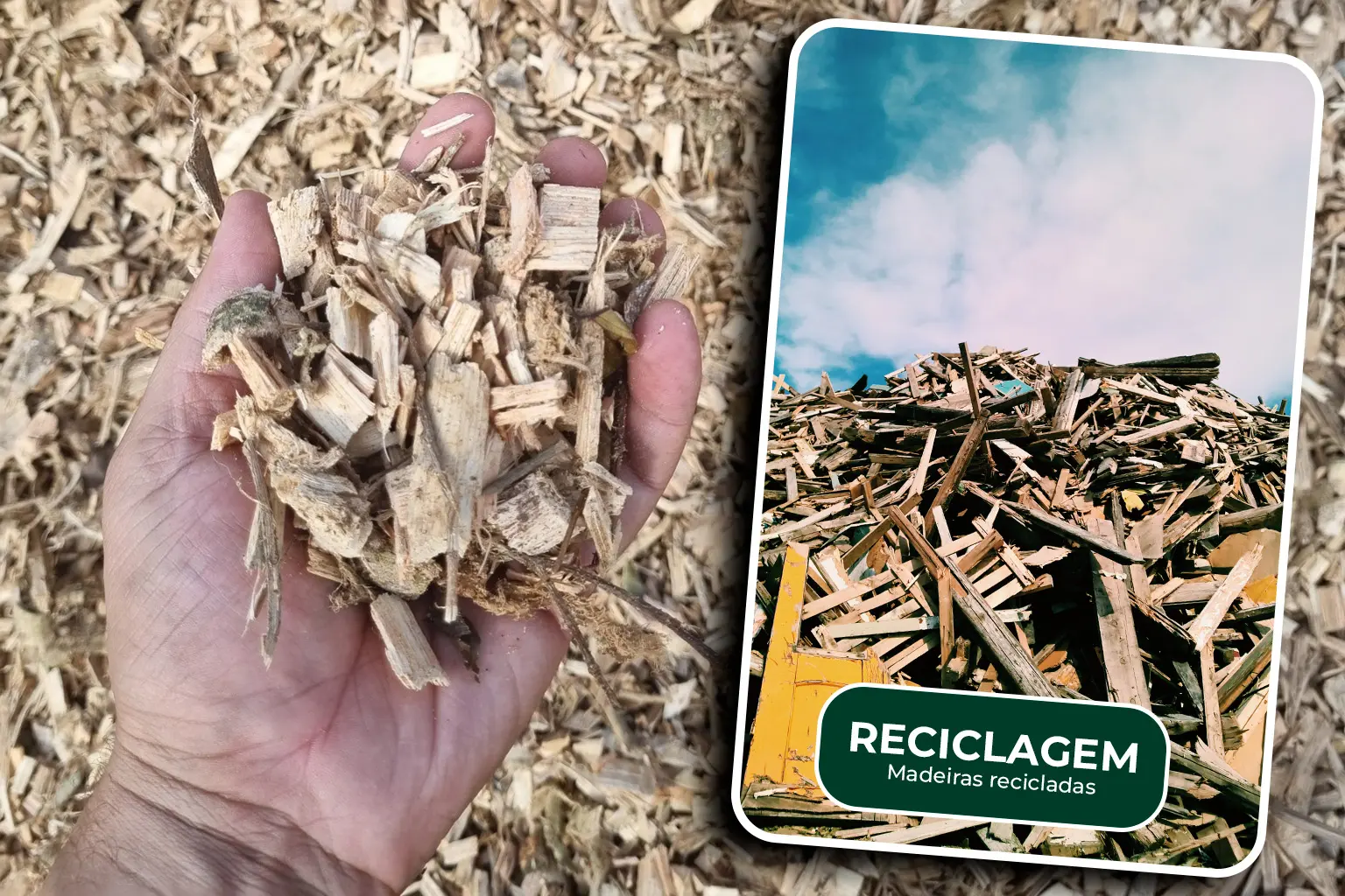 cavado de reciclagem card Cavaco produzido a partir da reciclagem de madeiras, com resíduos de madeira triturados para reaproveitamento como biomassa e fonte de energia renovável.