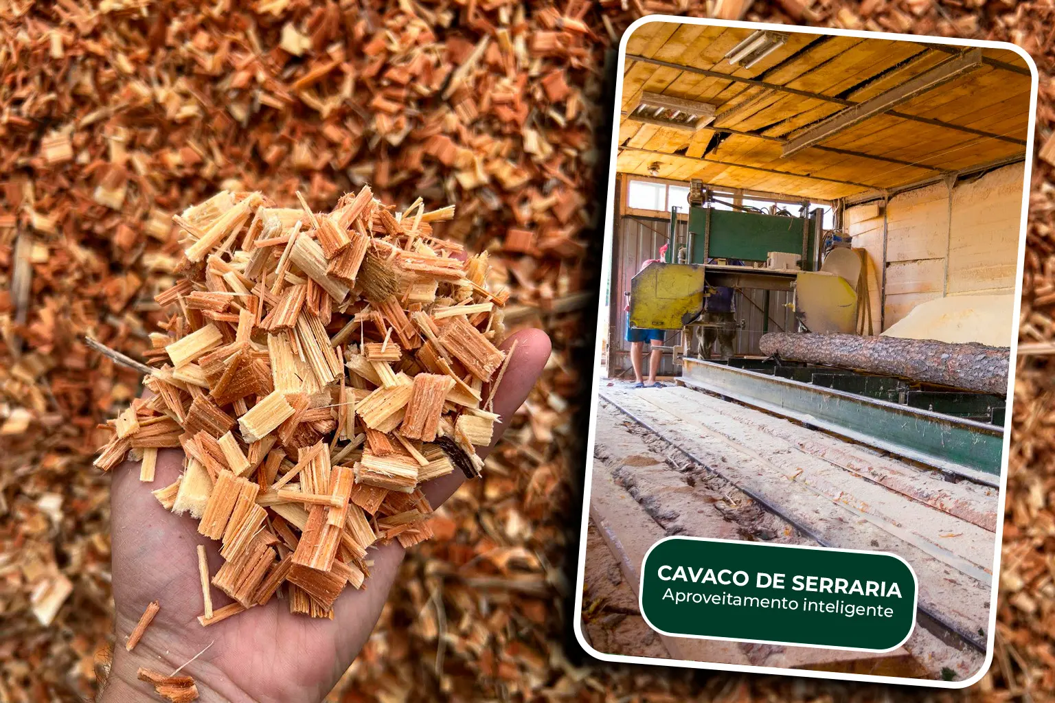 cavado de serraria card Cavaco de serraria produzido a partir do processamento de toras e resíduos de madeira, destinado ao reaproveitamento como biomassa energética.